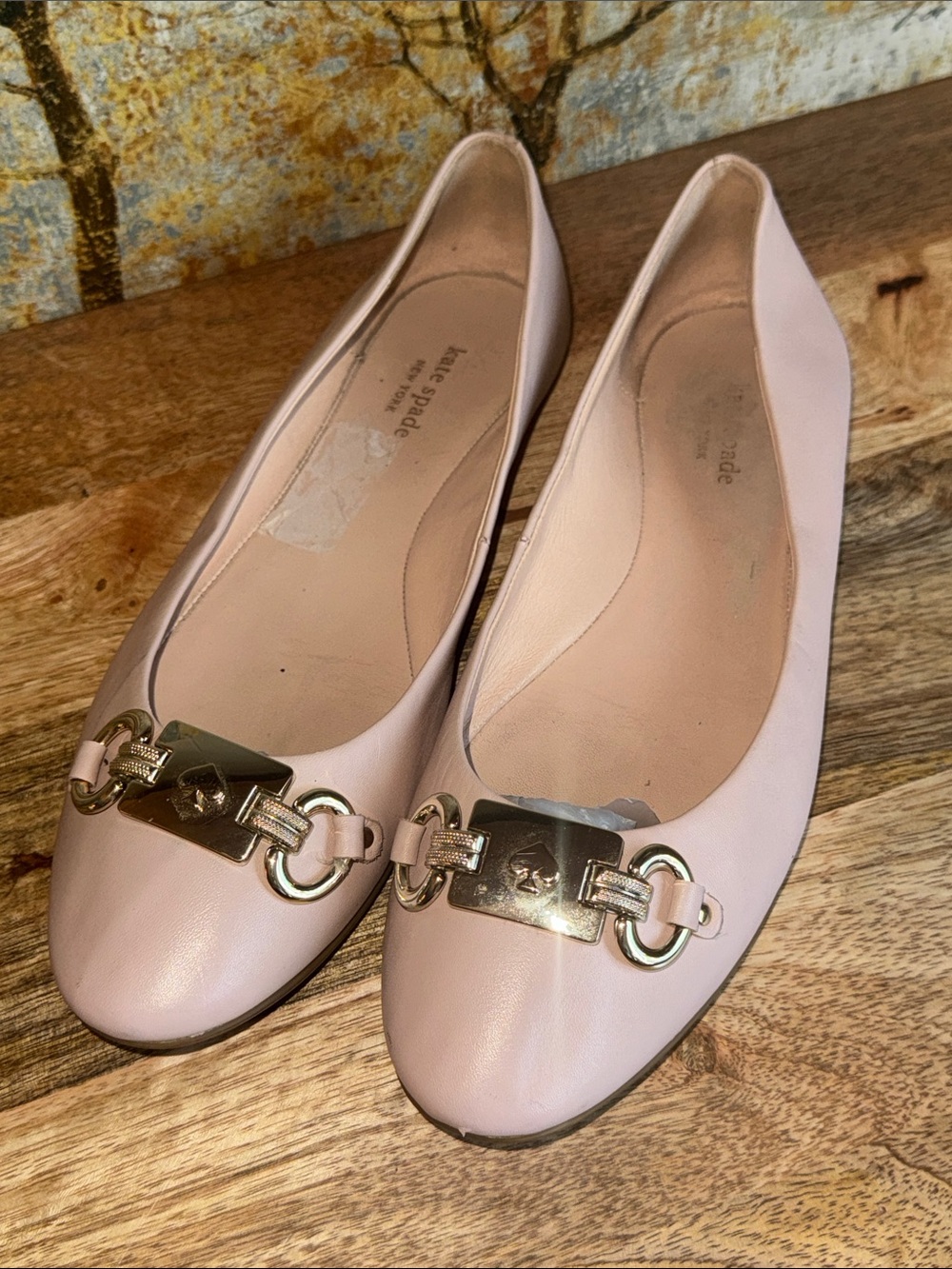 Kate Spade Phoebe Blush Pink Leather Flats with Gold Horse Bit Buckle SZ 11